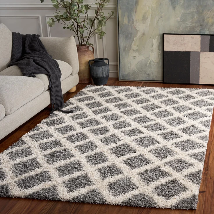 SAFAVIEH Zottelig Teppich für Wohnzimmer, Esszimmer, Schlafzimmer - Dallas Shag Collection, Hoher Flor, Grau und Elfenbein, 91 X 152 cm