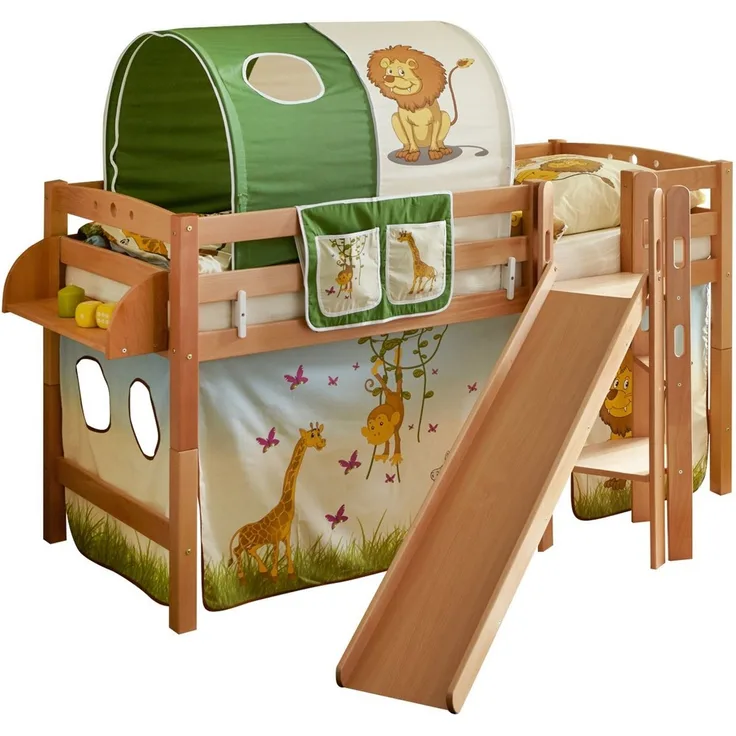 Ticaa Hochbett Hochbett mit Rutsche Podestbett "Tino" Buche Natur