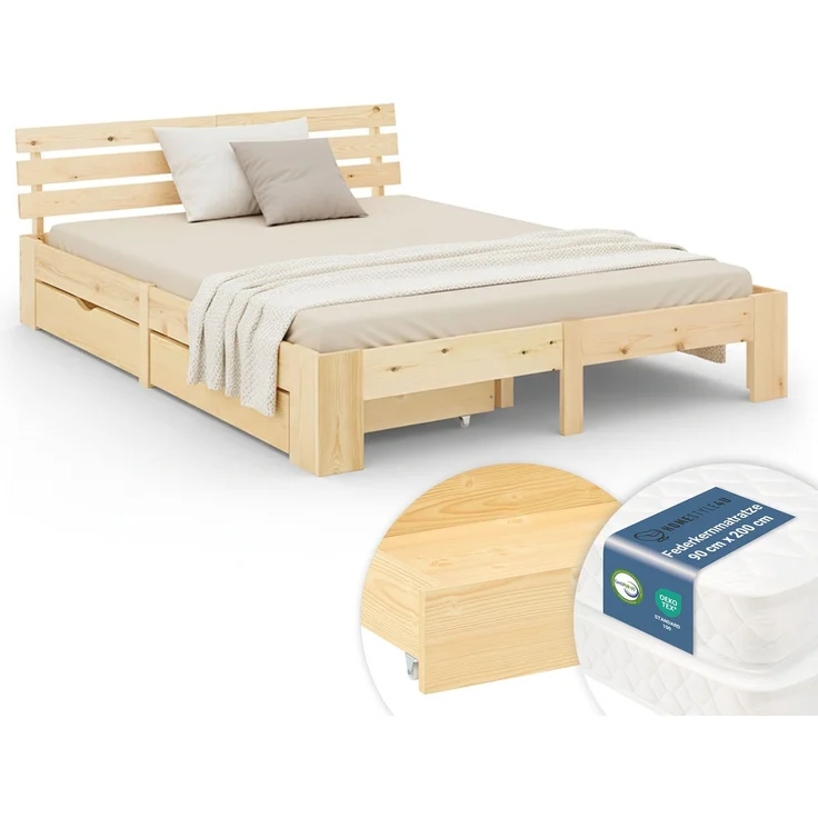 Holzbett 180x200 cm mit 2 Federkernmatratze & Bettkästen Doppelbett Bett Holzbettrahmen Natur Massiv Holz Lattenrost – Bild 1