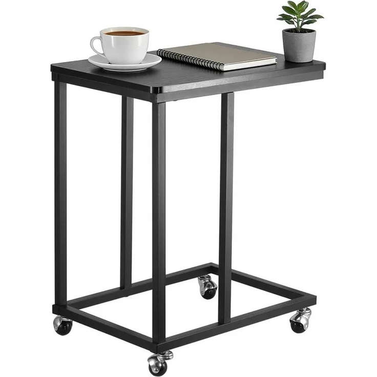 BlingBin Beistelltisch Mobiler Kaffeetisch,C-förmiger Sofatisch mit Rollen,35 x 50 x 60 cm (1 Set, 1-St, Laptoptisch mit Metallgestell und Holzoptik), für Sofa, Bett und Wohnzimmer, Schwarz