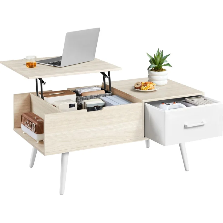 Yaheetech Couchtisch Höhenverstellbar, Beistelltisch mit Stauraum & offene Fächer, Wohnzimmertisch mit Geteilter Tischplatte, Lift-Top Kaffeetisch fürs Wohnzimmer/Esszimmer, Helle Holzfarbe