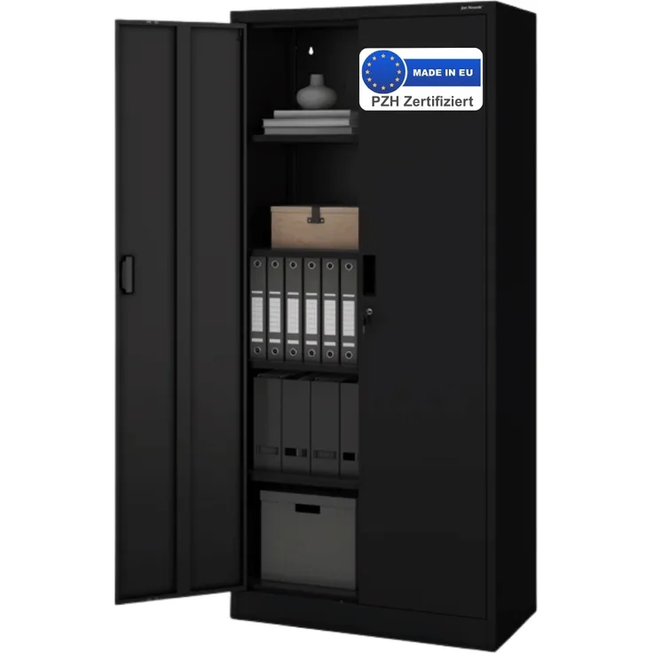 Aktenschrank abschließbar KADO - 5 Ebenen verstellbar, Flügeltüren | Metallschrank Werkstatt Mehrzweckschrank Büroschrank aus Stahl Werkzeugschrank, 175x80x40cm Schwarz