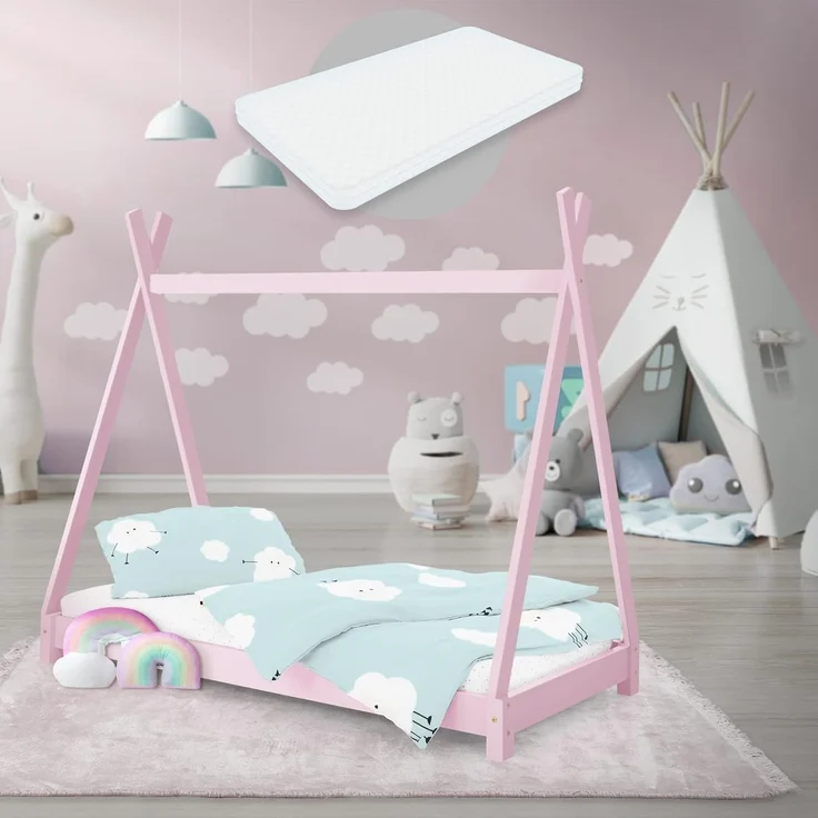 ML-DESIGN Spielbett Hausbett Tipi Zeltbett inkl. Lattenrost Bodenbett Kinder Himmelbett, Abenteuerbett zum Spielen Zelt Kinderbett Kiefer Bettenhaus Bett Rosa – Bild 1