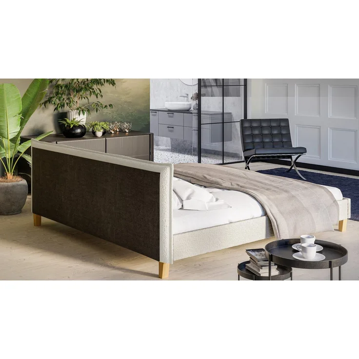 S-Style Möbel Polsterbett Salvatore, Boucle Stoff und Füße aus Massivholz, Hochelastischer Polyuretanschaum