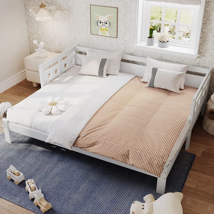 Herzform Schlafsofa, Daybed ausziehbar, Kinderbett und Gästebett, weißes Polster, Kiefernholz, platzsparend
