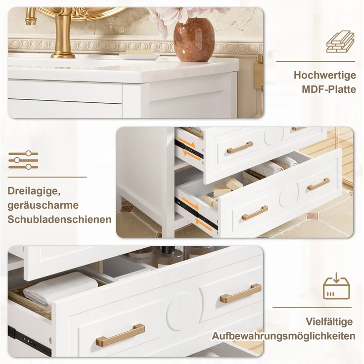 Waschtisch 76,5x47x82 cm mit Keramikbecken und 3 Schubladen – Weiß – Bild 5