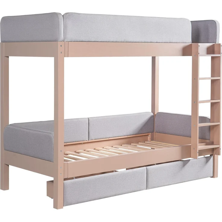 Etagenbett mit gepolstertem Rausfallschutz und Schubladen, 90x200cm, Kinderbett mit Trittleiter und Lattenrost, Massivholz – Bild 8