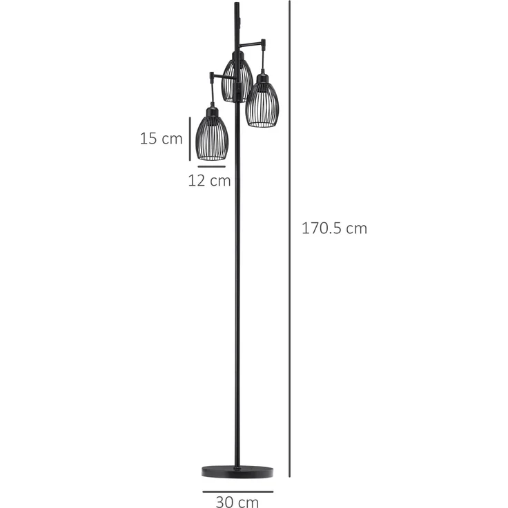 JARDJ Industrielle Stehlampe mit 3 Lampenschirmen und einstellbarem Dimmer, aus Stahl, 30 x 30 x 170,5 cm, Schwarz – Bild 5