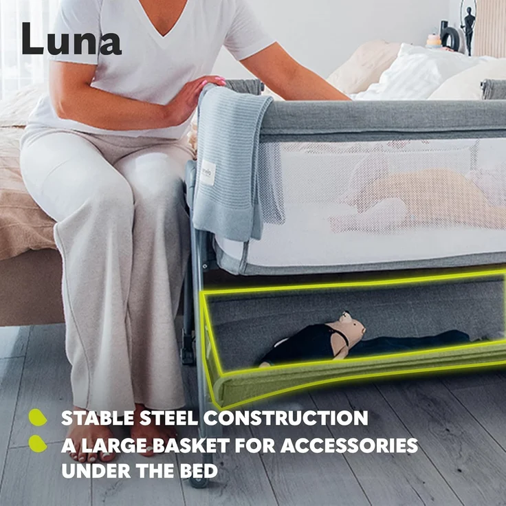 lionelo Luna 2-in-1 Nachttisch für Babys von Geburt bis 9 kg, mit Verstellbarer Höhe und Neigung, 4 feststellbare Räder, tragbar, atmungsaktiv, Netzgewebe, waschbare Matratze und Bezugskorb – Bild 6