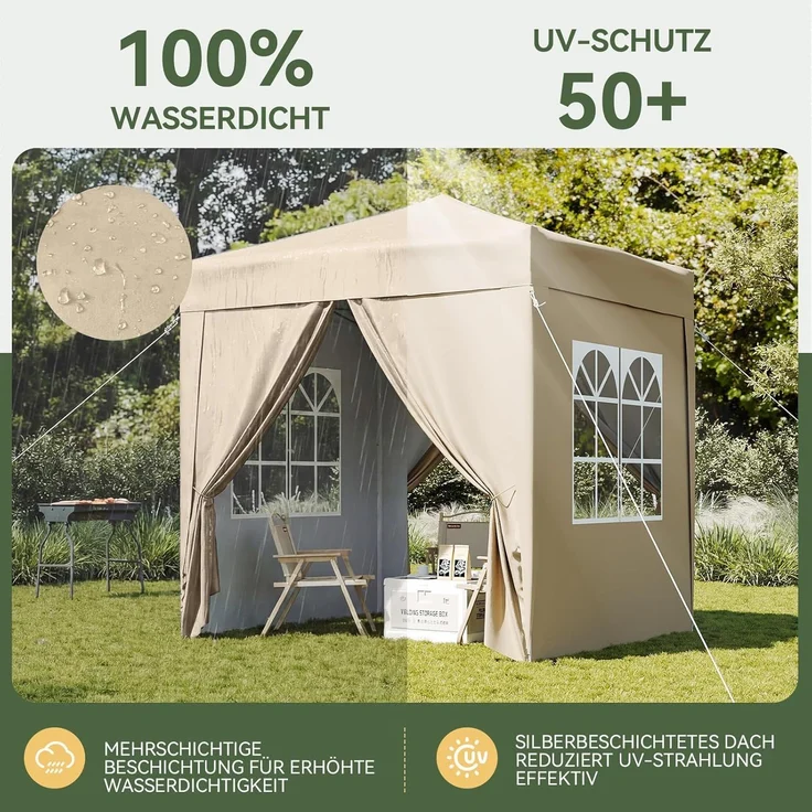 Aoxun Pop Up Pavillon 2x2m Wasserdicht mit 4 Seitenwänden, Metallrahmen-Schutzzelt, Höhe Verstellbar, Faltpavillon 2x2 mit Tragetasche für Camping Party, Beige – Bild 3