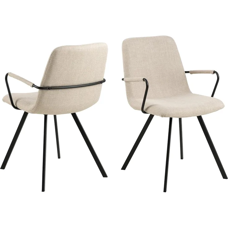 AC Design Furniture Selda Esszimmerstühle mit Armlehnen 2er Set, Polsterstühle in Beige mit Schwarzen Stahlbeinen, Küchenstühle, Esszimmermöbel, B: 55,5 x H: 85x50,5 cm