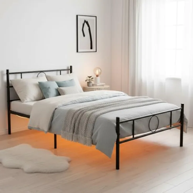 FurnitureR Metall Einzelbett 90×200 cm mit LED Streifen, 20 Farben Unterbett Beleuchtung, stabiles Plattformbett mit Lattenrost, ideal für Schlafzimmer, Jugendzimmer, bis 150 kg belastbar, Schwarz C
