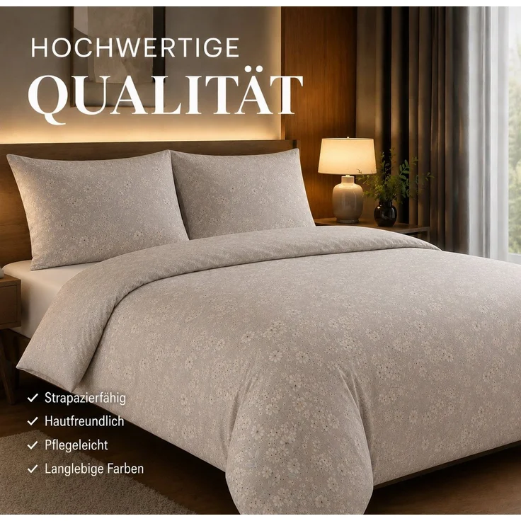 Leonado Vicenti Wendebettwäsche Set Baumwollmischung Beige Natur Blumen, Renforcé, 3 teilig, mit verdecktem Reißverschluss, Wendebettwäsche – Bild 2