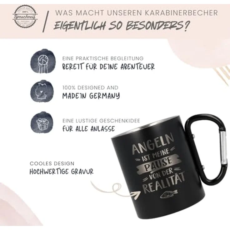 Spruchreif® Tasse Doppelwandige Edelstahltasse mit Karabinerhaken, Anglergeschenk – Bild 6
