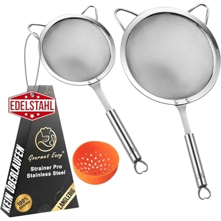 Küchensieb - Edelstahl, Sieb-Set, Edelstahl, 3-teilig: Mehlsieb, Nudelsieb und Silikon-Dosensieb