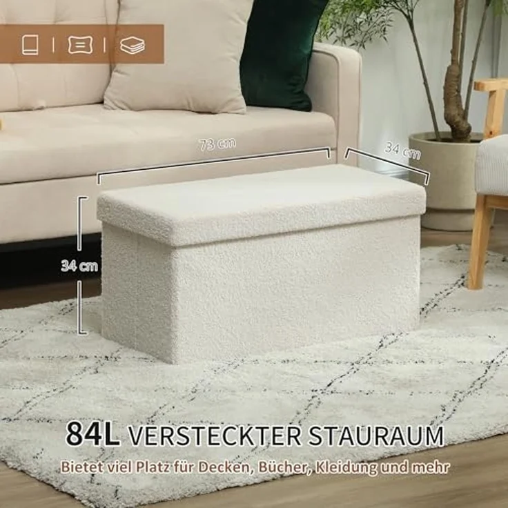 HOMCOM Sitzbank mit Stauraum, faltbar, mit Samtoptik, Sitztruhe (Truhenbank, 1-St, Polsterbank), für Flur Schlafzimmer Wohnzimmer, 76 x 38 x 38 cm Cremeweiß – Bild 4
