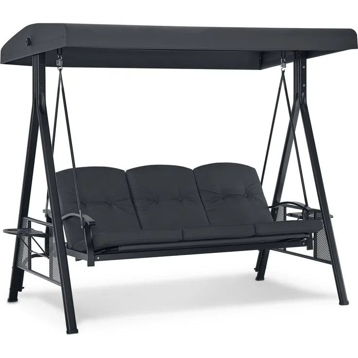 M MCombo 3-Sitzer Hollywoodschaukel mit Liegefunktion, Verstellbarem Sonnendach & Getränkehalter, Gartenschaukel bis 360kg Belastbar Schaukelbank Outdoor Wetterfest, 4093 (dunkgelgrau)