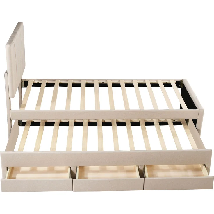 Polsterbett 90x200 cm mit Rollbett und 3 Schubladen – Beige, höhenverstellbares Kopfteil – Bild 7