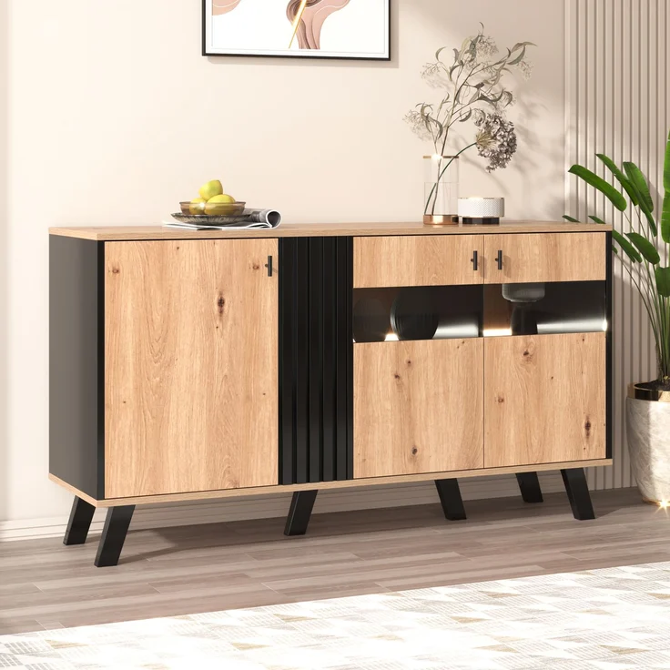 Merax 140 x 78 x 41 cm großes Sideboard mit Stauraum, Schrank mit LED-Licht und Glas, Holz und Schwarz – Bild 3