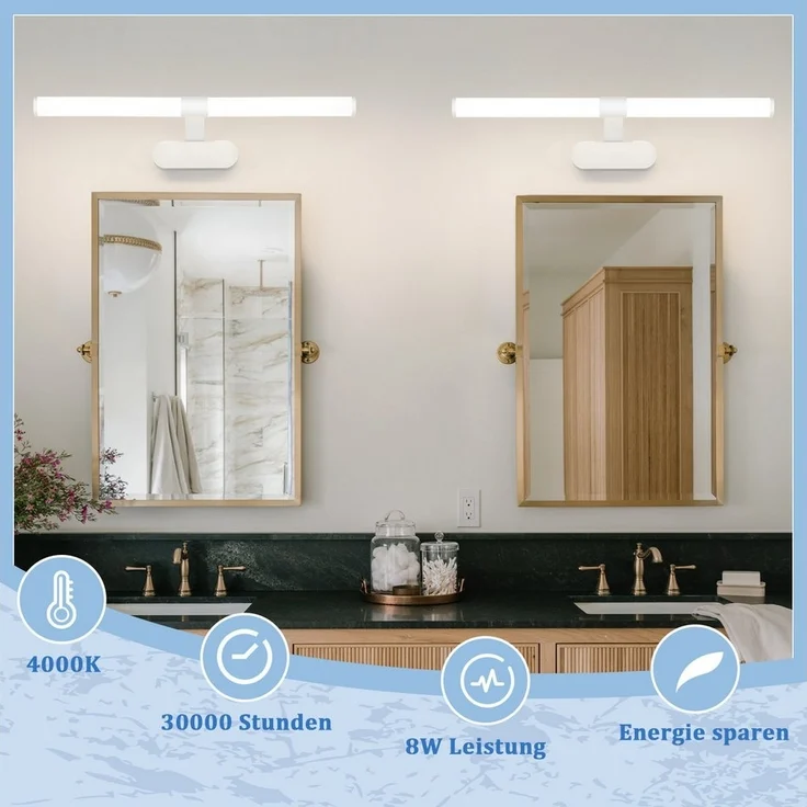 Nettlife LED Spiegelleuchte LED Spiegelleuchte Zimmer 4000K Spiegellampe Schwarz/Weiß, LED fest integriert, Neutralweiß, Geeignet für – Bild 2