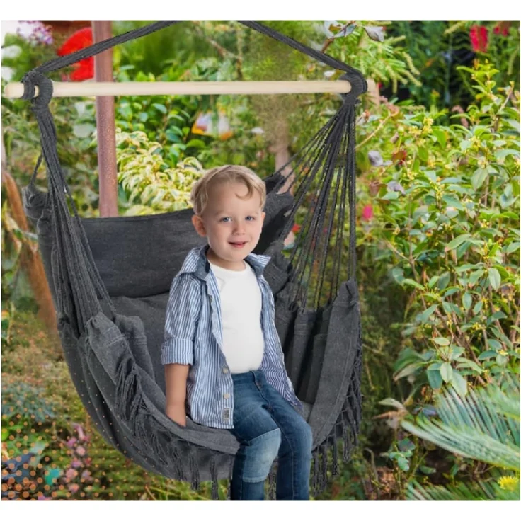 QLS Hängesessel 130x100 cm mit 2 Kissen bis 200 kg Graphit, Hängestuhl Boho-Stil 130 x 100 cm – Bild 7