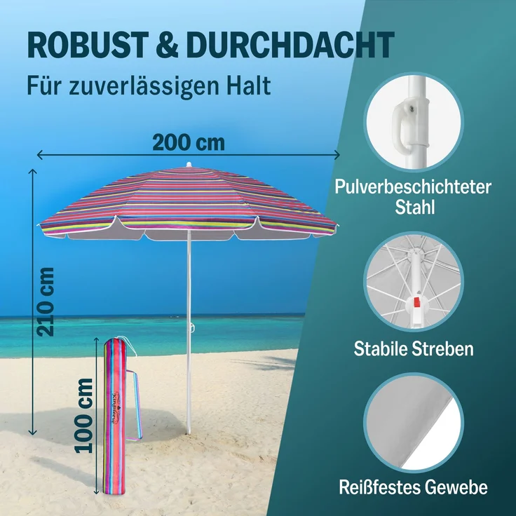 KINGSLEEVE® Sonnenschirm 200cm UV Schutz 50+ Neigbar Strand Garten Strandschirm Balkonschirm Gartenschirm Bunt – Bild 3