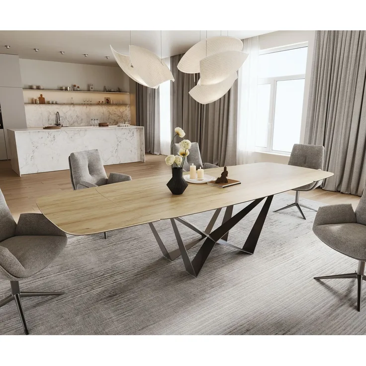 Esstisch Edge Boot 200-300x120 cm Keramik Laminam® Sabbia Eichefarbig Spider Flachstahl Edelstahl Graphit ausziehbar