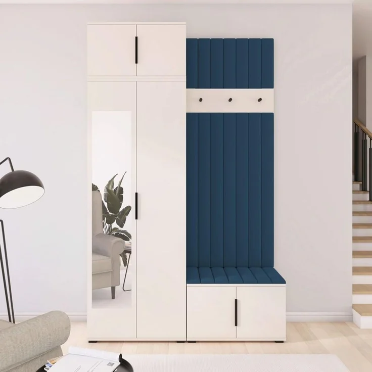 Garderoben-Set Napoli Version 14: Kleiderschrank mit Polsterpaneelen, Schuhschrank Flur und Eingangsbereich (Cashmere/Trinity 30), 225 x 40 x 140 cm – Bild 8