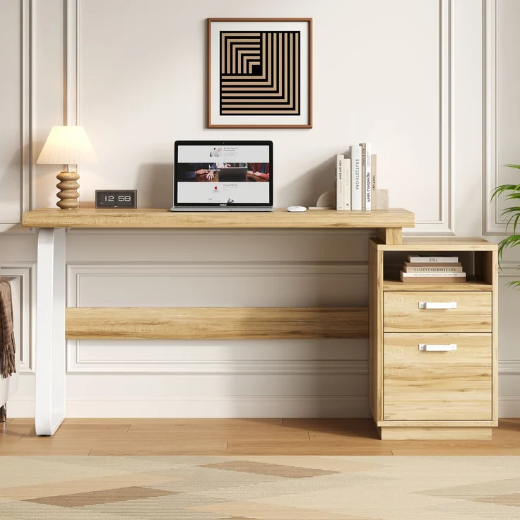 Flieks Schreibtisch 161 x 54 x 76.4 cm mit offenem Ablagefach, geräuscharmer Schublade und Stahlgestell, Naturholzfarben – Bild 4