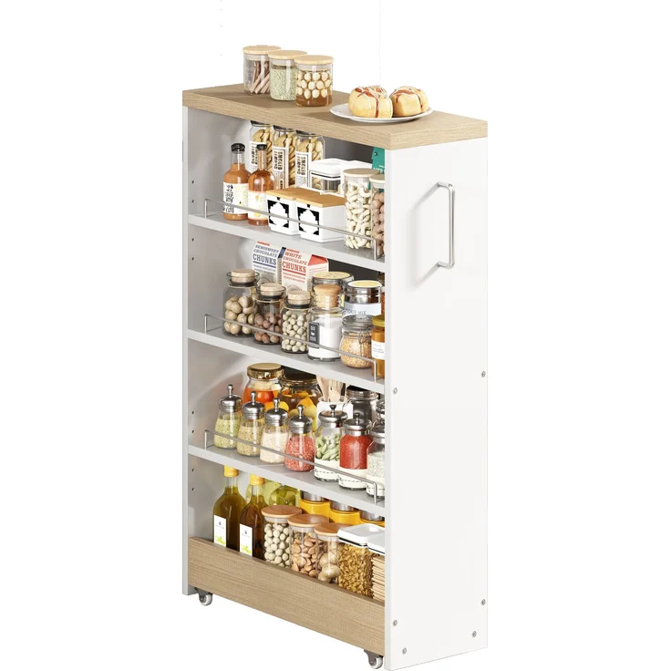 ZUBALIYA Nischenwagen 55 x 12 x 85 cm – 4 verstellbare Fachböden, 4 Lenkrollen, 25 mm Oberplatte, Geländer, MDF, Weiß, Naturfarben – Bild 9