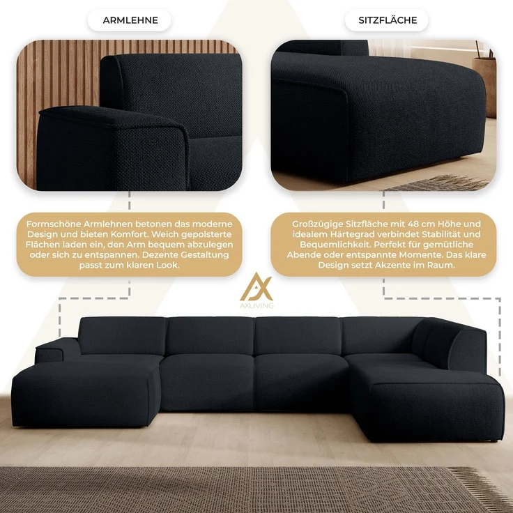 AX LIVING XXL Sofa U Form Didim Dunkelgrau 378cm breit modern & großzügig R – Bild 6