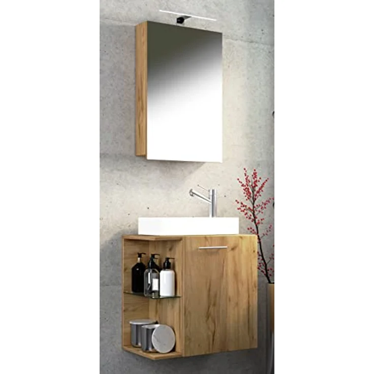 VCM Waschplatz "Hausa", Badmöbelset mit Spiegelschrank und hochwertigem Keramikwaschbecken, Glasfachboden, für WC und Gästetoilette – Bild 2
