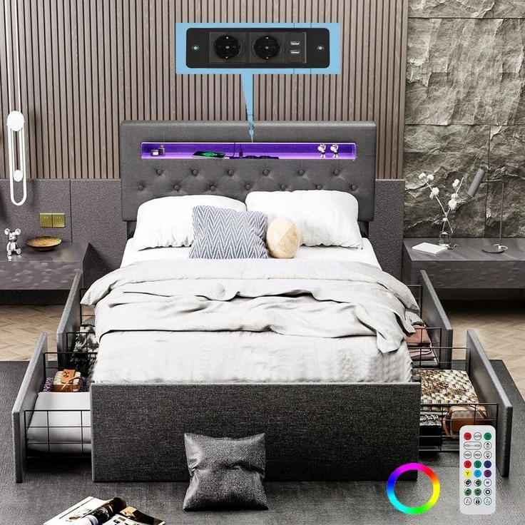 oyajia Polsterbett LED Doppelbett 140x200cm, Stauraumbett mit Kopfteil und 4 Schubladen (Leinenmaterial Polsterbett mit RGB Beleuchtung), mit Lattenrost und Ladefunktion, mit Komforthöhe, Leises Design Bett – Bild 1