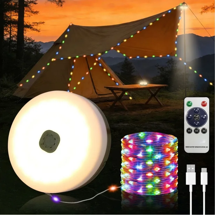 OZAVO LED-Lichterkette Camping Lichterkette 10M Aufrollbare 3-in-1 LED Lichterkette, 100-flammig, mit Fernbedienung & Timer&3 Modi,Solar und USB-Aufladung