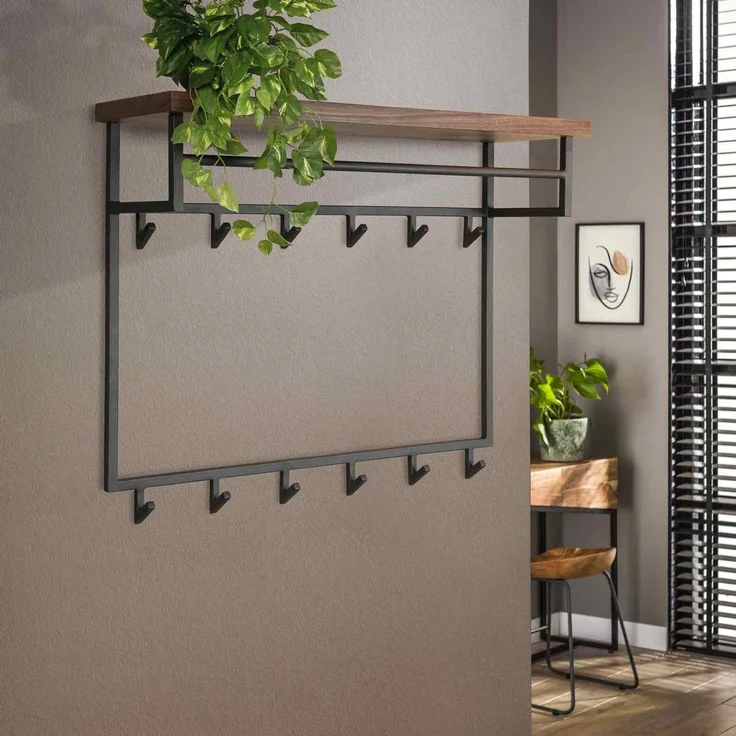 Garderobe Solalid Saja Massivholz, modernes Industriedesign, braun, mit Hutablage und 12 Haken – Bild 2