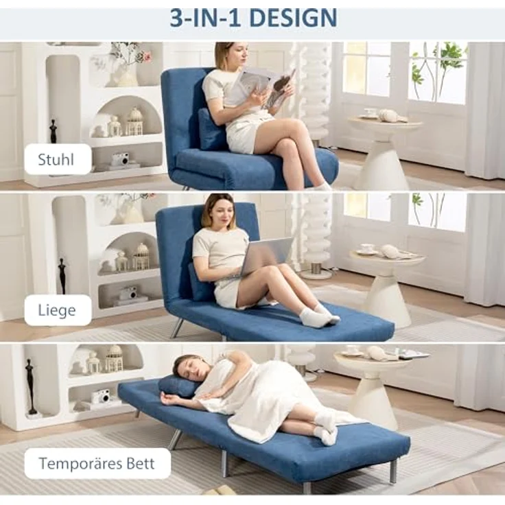 HOMCOM Schlafsofa mit verstellbarer Rückenlehne, abnehmbar Kissen, Samtoptik, 3-in-1 Schlafsessel 1 Teile, bis 120 kg, für Wohnzimmer, Schlafzimmer Blau – Bild 5