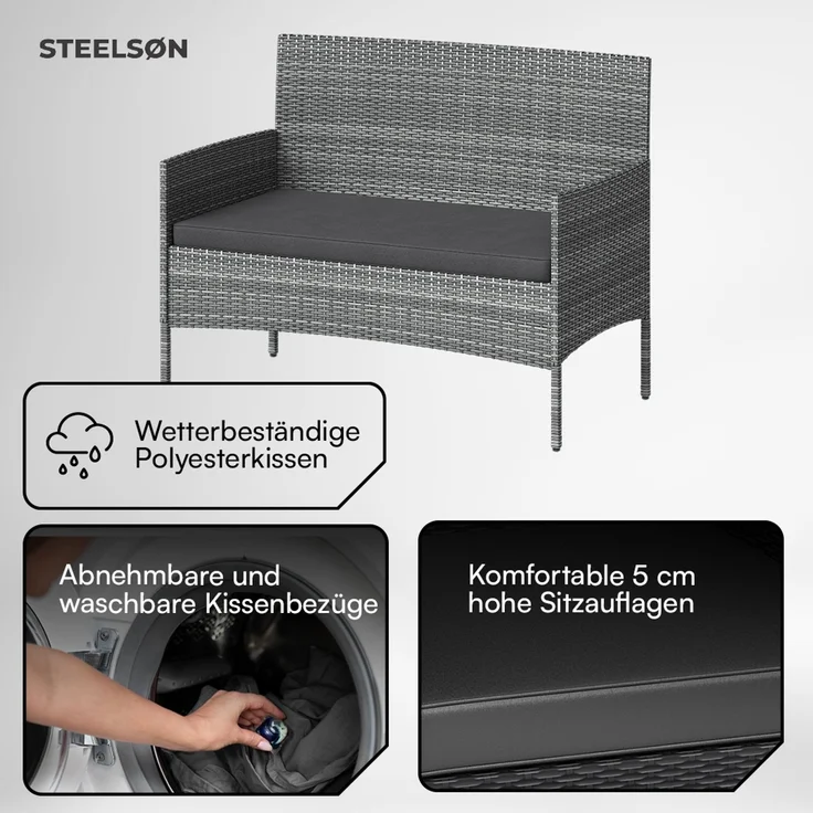 STEELSØN 'Thalora' Gartensofa 2er-Sitzer, inkl. Kissen, grau-meliert/anthrazit, 84x55x100 cm, aus Polyrattan – Bild 5