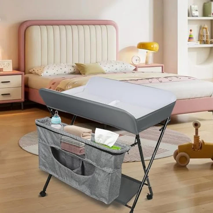 Wickelstation für Baby, Wickeltisch, faltbar, tragbar, Wickeltisch, faltbar, tragbar, mit Aufbewahrungskorb, maximale Belastung von 25 kg,80 x 63 x 93–99 cm (Grauweiß) – Bild 7
