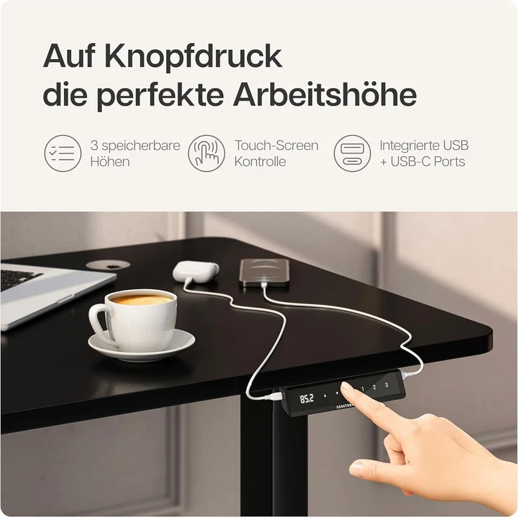 Desktronic Elektrisch Höhenverstellbarer Schreibtischgestell HomePro, Schwarz, mit Memory-Funktion, Anti-Kollisions Technologie, USB-A und USB-C-Ladeanschlüssen – Bild 4