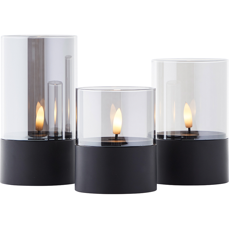 Brilliant Bougie LED-Kerzen 3er-Set - schwarz/geräuchertes Glas, warmweiß flackernd, 10 cm,12,5 cm,15 cm, batteriebetrieben, Dekoration für drinnen & draußen