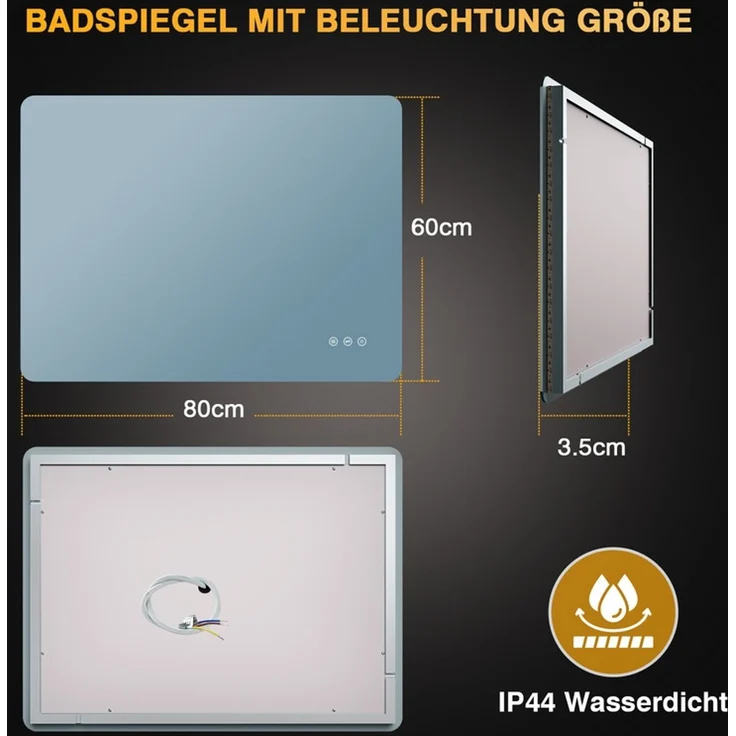 Pesenxan LED Badspiegel 80x60 cm, Badezimmerspiegel mit 3 Lichtfarben, dimmbar, Touch-Schalter & Antibeschlag, IP44, rahmenloses Design, für Badezimmer, Silber – Bild 6
