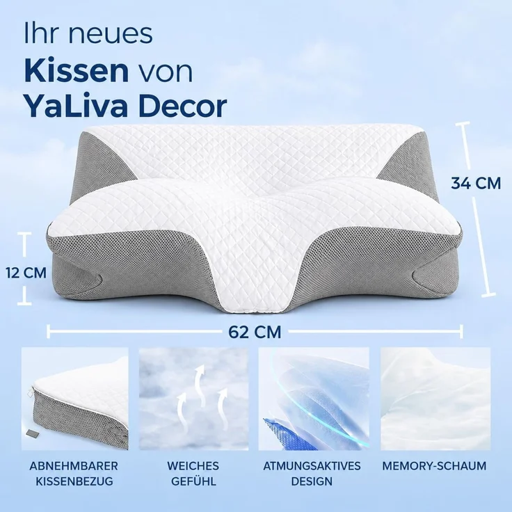 YaLiva_Decor® Kopfkissen ergonomisch, orthopädisch gegen Nackenschmerzen & mit Memory Foam, Grau, 62 x 34 x 12 cm – Bild 2