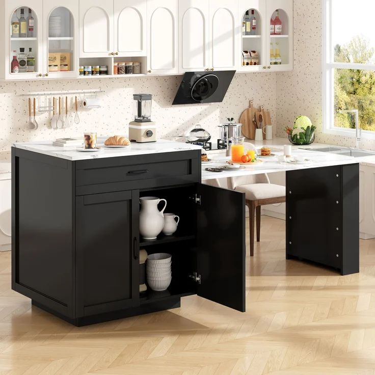 Bartisch 98-204x70x93,5 cm, ausziehbar, mit Stauraum und Rollen, Schwarz – Bild 4