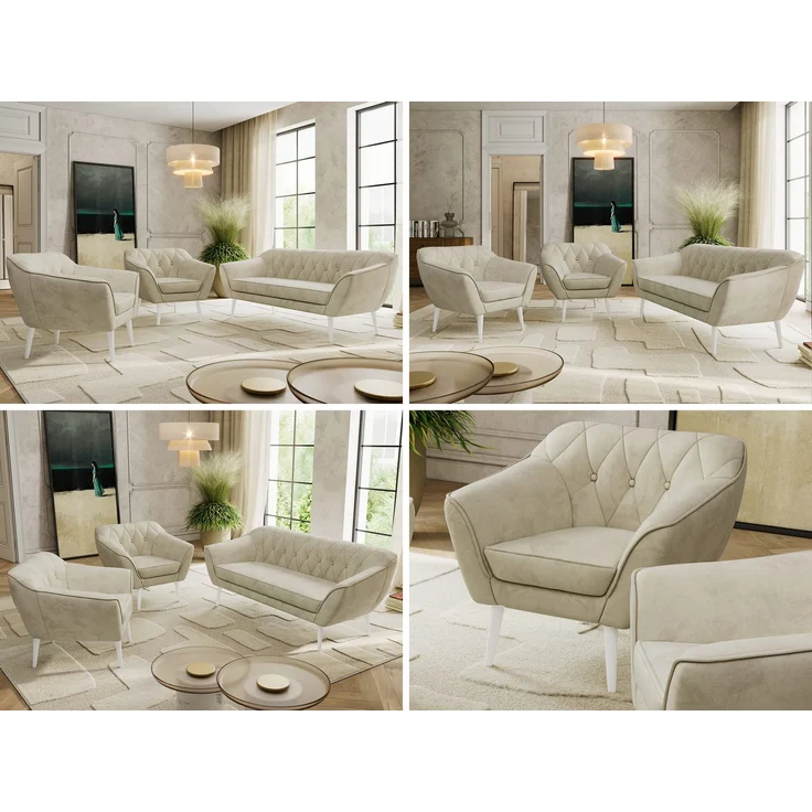 Wohnzimmerset PIRS 1-1-3, Skandinavisches 3-Sitzer Sofa mit Sesseln, Sofa mit Wellenfederung, weiße Füße, Skandinavisches Möbelset - Beige Velvet – Bild 2