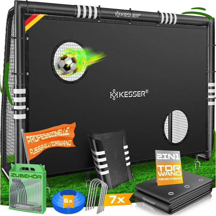KESSER® Fußballtor, Outdoor Schusstraining, mit Torwand, UV-beständiges Netz, Stahlrahmen mit Polsterung, Erdhaken, Luftpumpe, Montagezubehör für Kinder und Erwachsene, Schwarz, 240cm – Bild 1