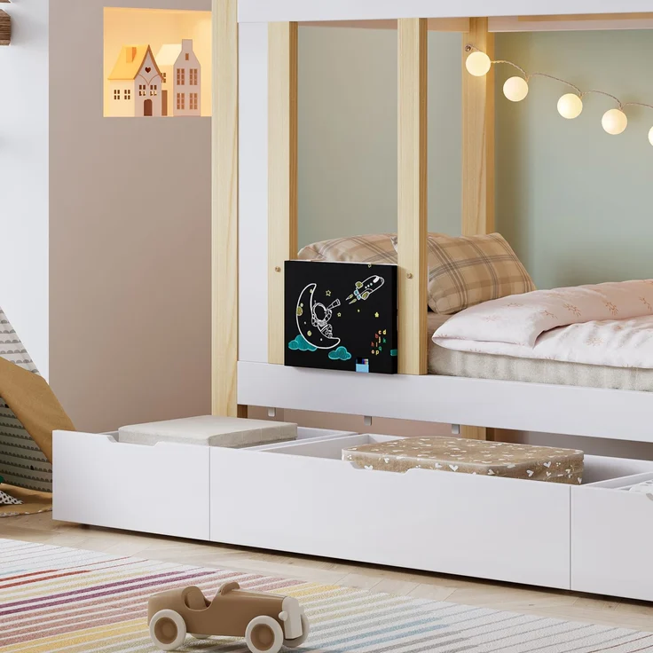 Etagenbett 90×200 cm platzsparendes Kinderbett mit Treppenschrank & 3 Schubladen auf Rollen,kleine Kritzeltafel,Weiß & Natur – Bild 6