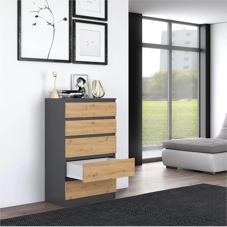 CDF Kommode Malwa M5 | Farbe: Anthrazit - Eiche Artisan | Schrank für Dokumente, Kleinigkeiten | Ideal für Wohnzimmer, Schlafzimmer, Kinderzimmer, Jugendzimmer und Büro | 5 geräumige Schubladen – Bild 8