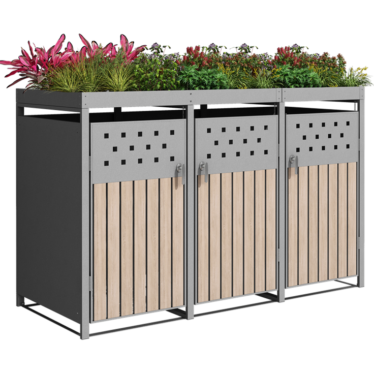 Mülltonnenbox Müllbox Mülltonnenverkleidung 3 Türen Pflanzdach verzinkt RAL9007 – Bild 4