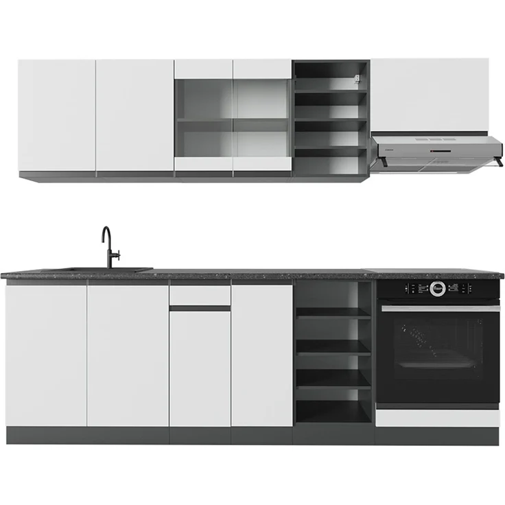 Küchenzeile R-Line Weiß/Anthrazit 240 cm J-Shape, AP Anthrazit Vicco – Bild 1