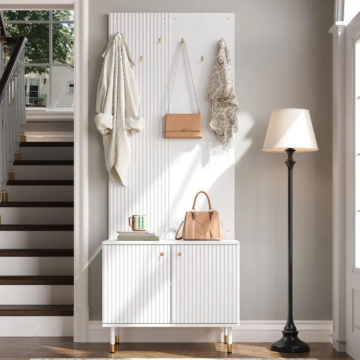 Merax Garderobenschrank, Kleiderablage,Schuhschrank, Diele Kombischrank, Standgarderobe, Staurschrank, Schuhaufbewahrung, Garderobenwand mit Haken, zylindrische Metallfüße – Bild 6